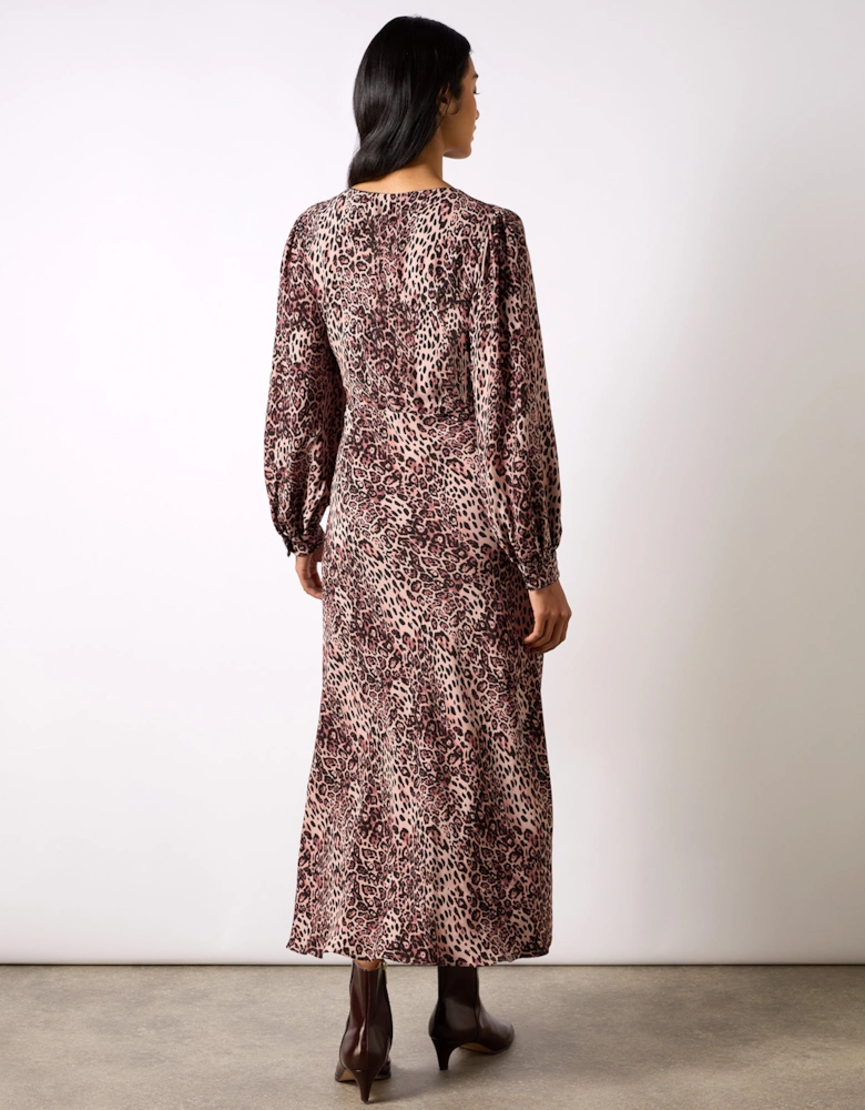Pink Leopard Print V-Neck Midi Dress