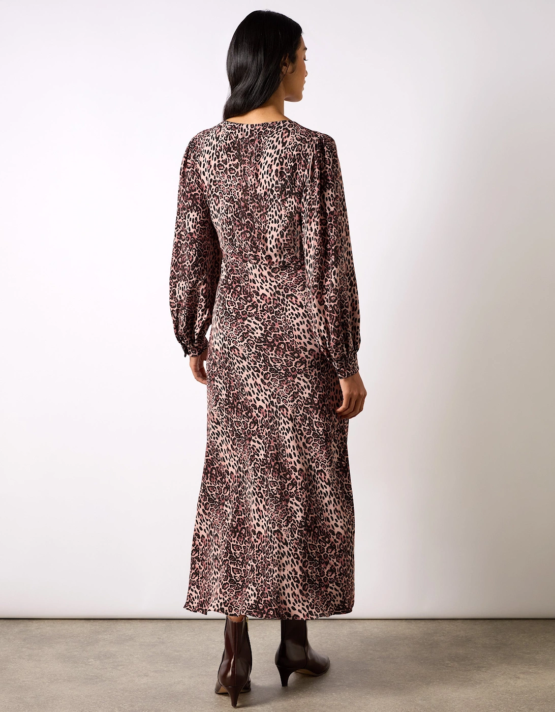 Pink Leopard Print V-Neck Midi Dress