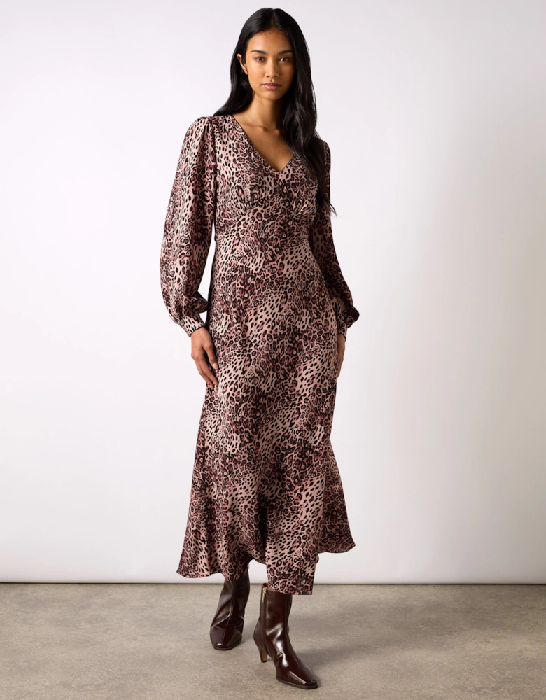 Pink Leopard Print V-Neck Midi Dress