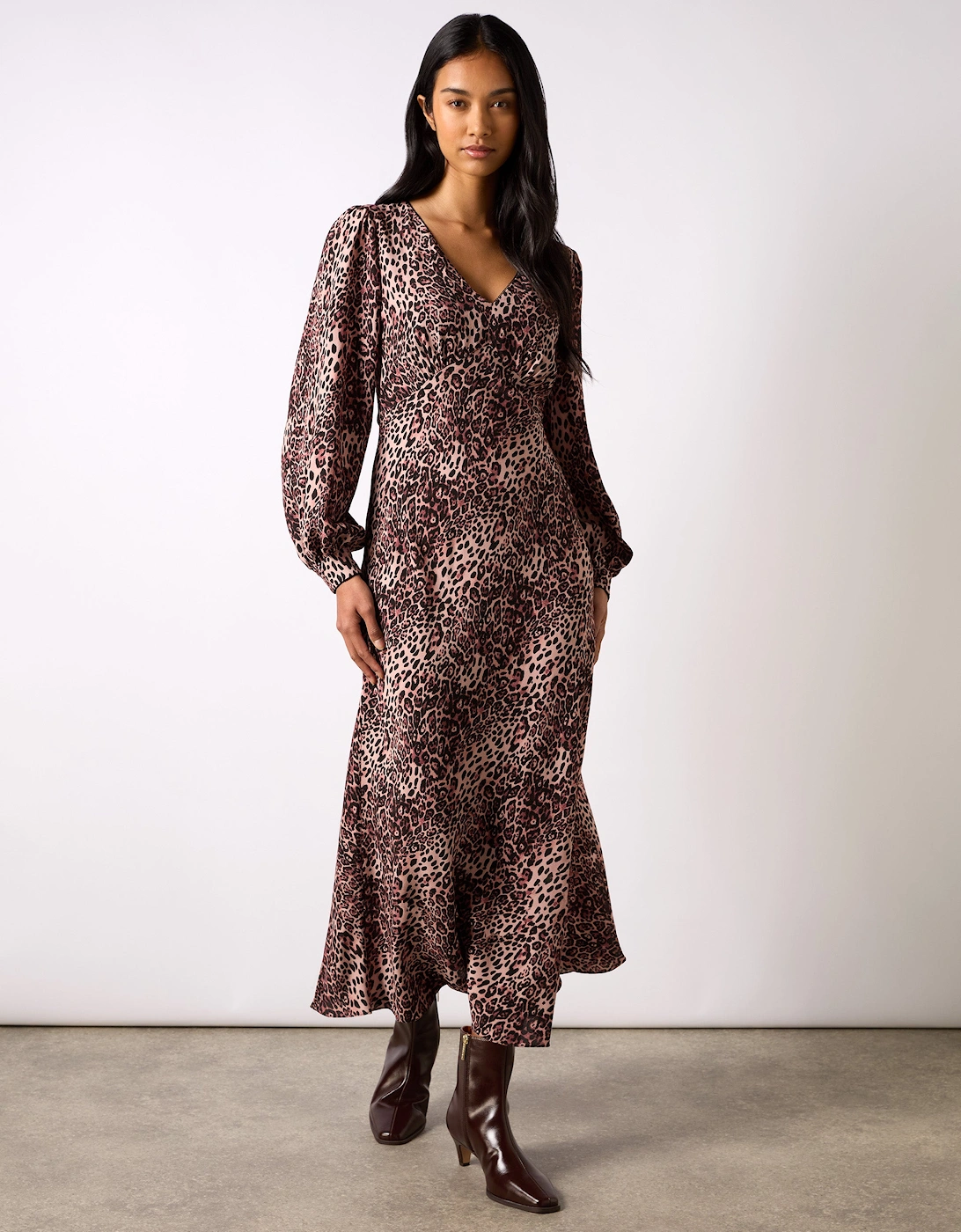 Pink Leopard Print V-Neck Midi Dress