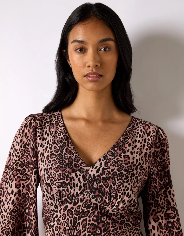 Pink Leopard Print V-Neck Midi Dress