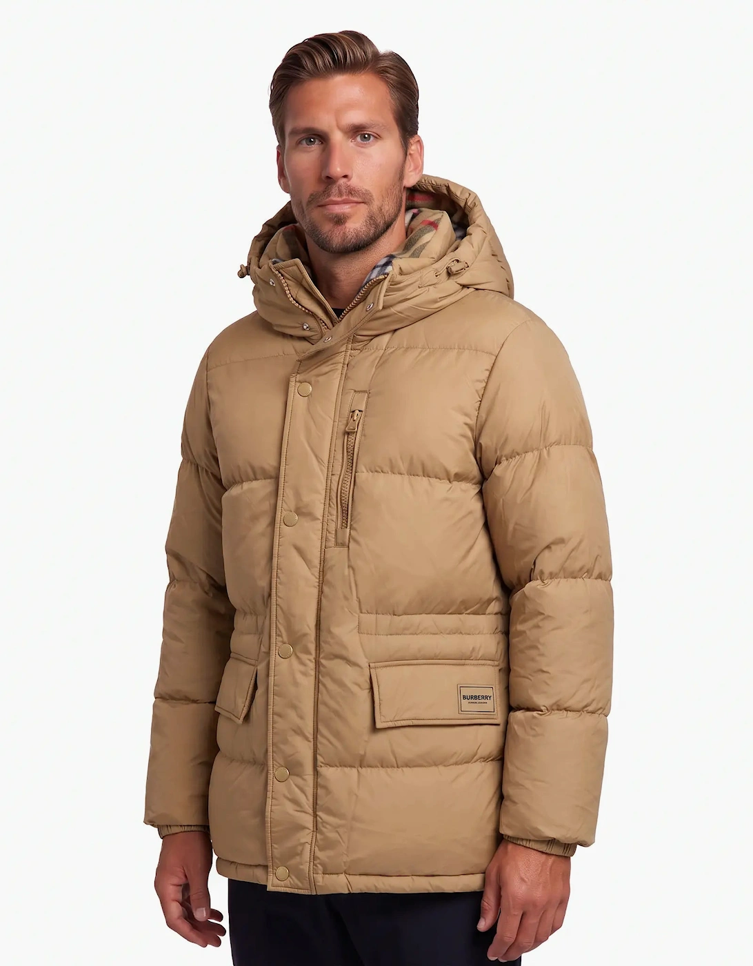 Burberry 'Haworth' Hooded Check Down Jacket Beige