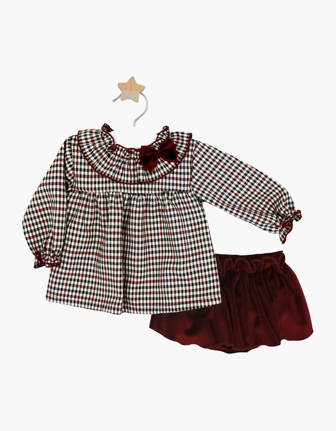 Girls Burgundy Check Velour Skort Set
