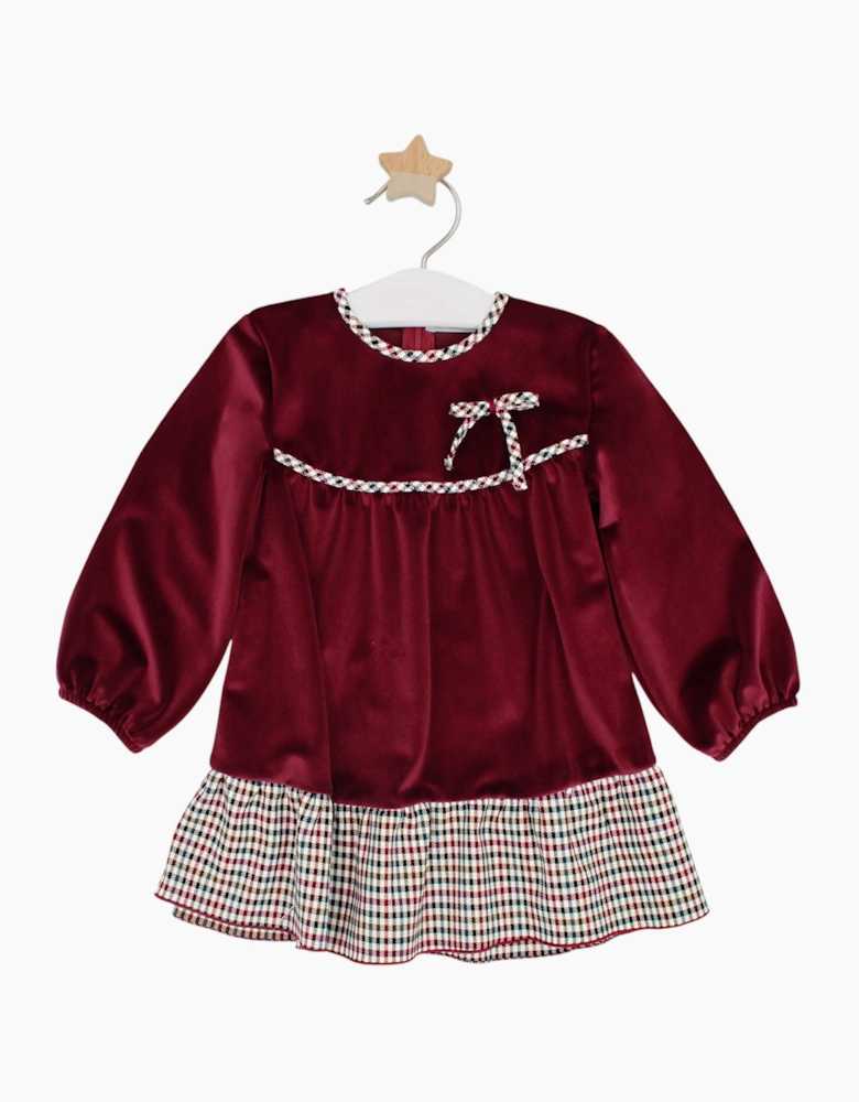 Girls Burgundy Velour Check Dress