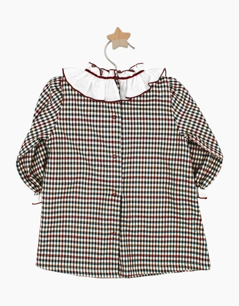 Girls Burgundy Check Ruffle Dress