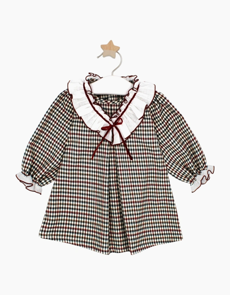 Girls Burgundy Check Ruffle Dress
