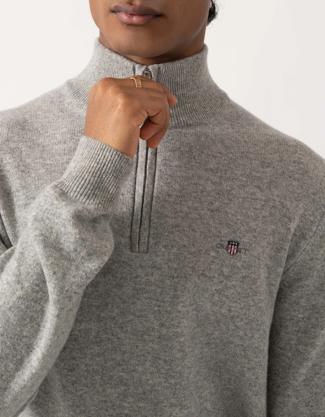 GANT Mens Superfine Lambswool Half Zip Sweater - 93 Grey Melange