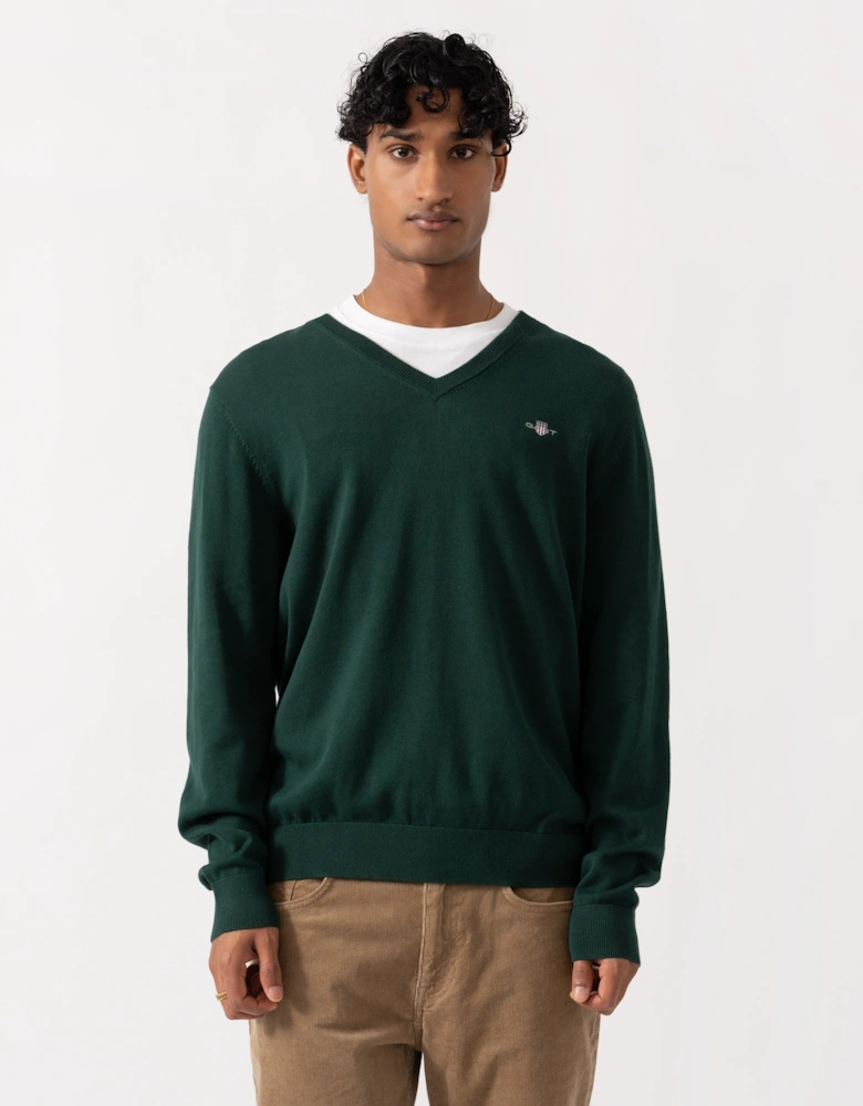 GANT Mens Classic Cotton Shield Logo V-Neck Jumper - 374 Tartan Green