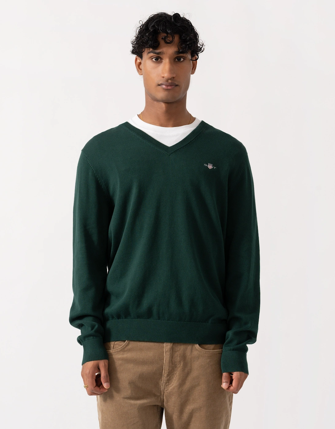 Men's GANT Mens Classic Cotton Shield Logo V-Neck Jumper - 374 Tartan Green - Size: 38