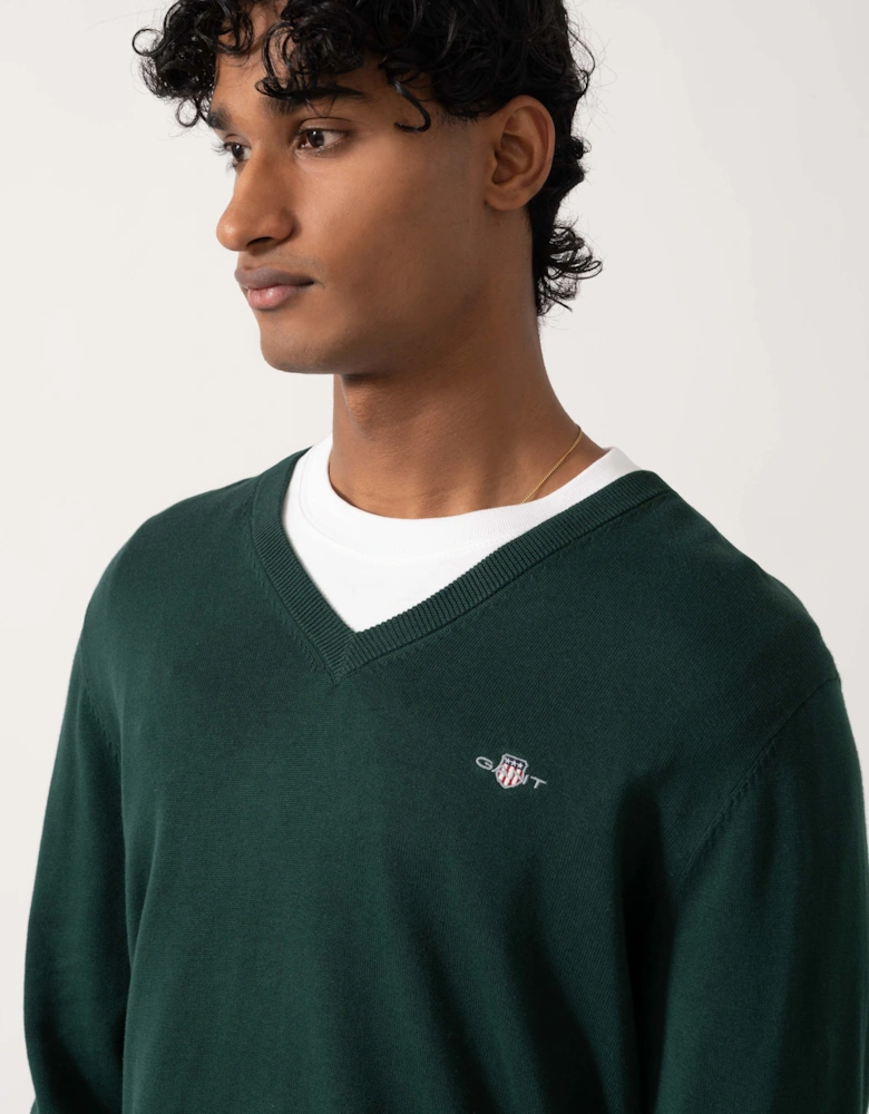 GANT Mens Classic Cotton Shield Logo V-Neck Jumper - 374 Tartan Green