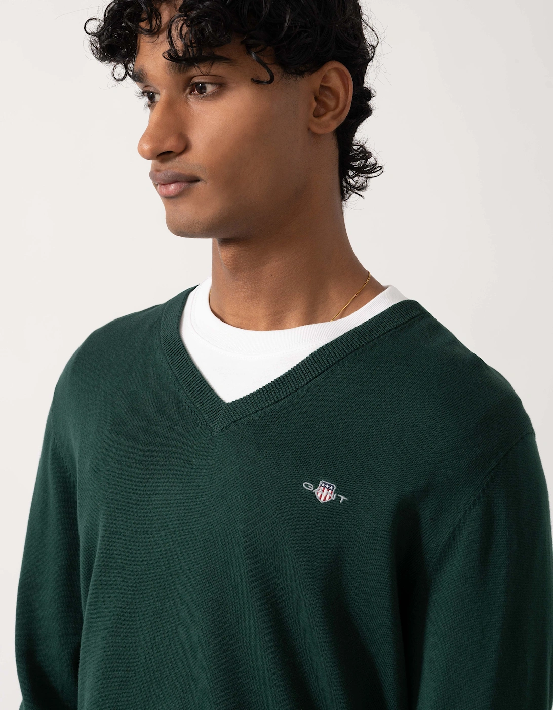 GANT Mens Classic Cotton Shield Logo V-Neck Jumper - 374 Tartan Green