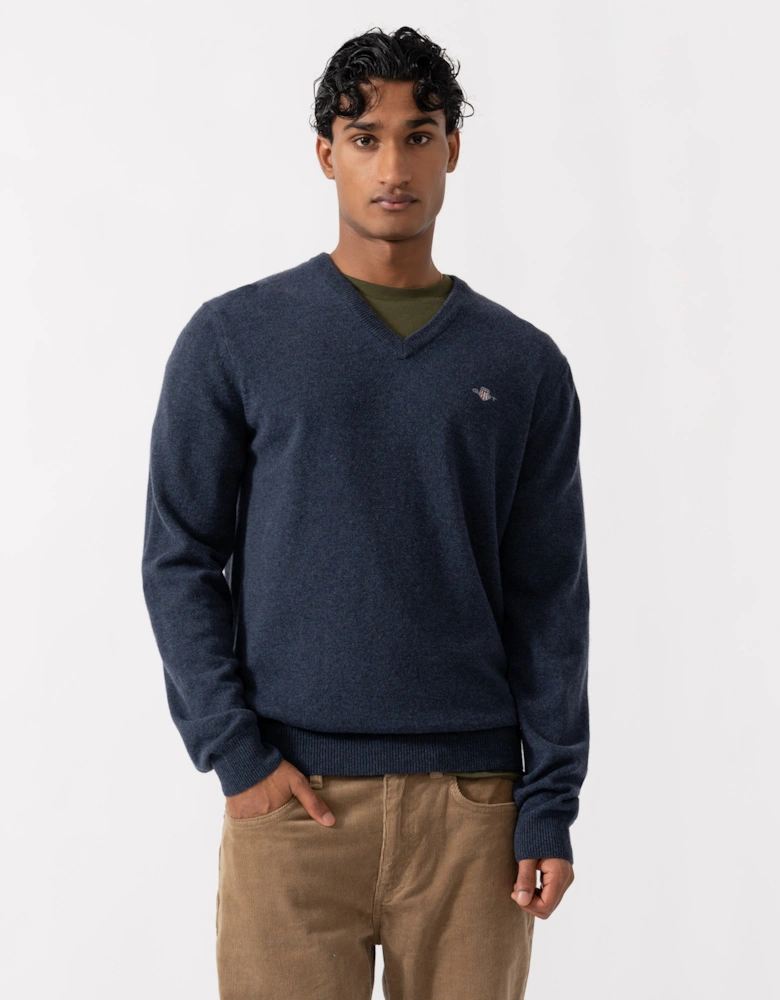 GANT Mens Superfine Lambswool V-Neck Sweater - 480 Dark Navy Melange