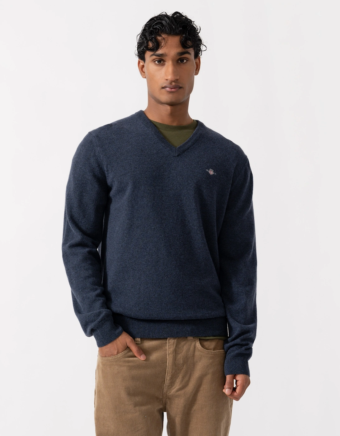 GANT Mens Superfine Lambswool V-Neck Sweater - 480 Dark Navy Melange