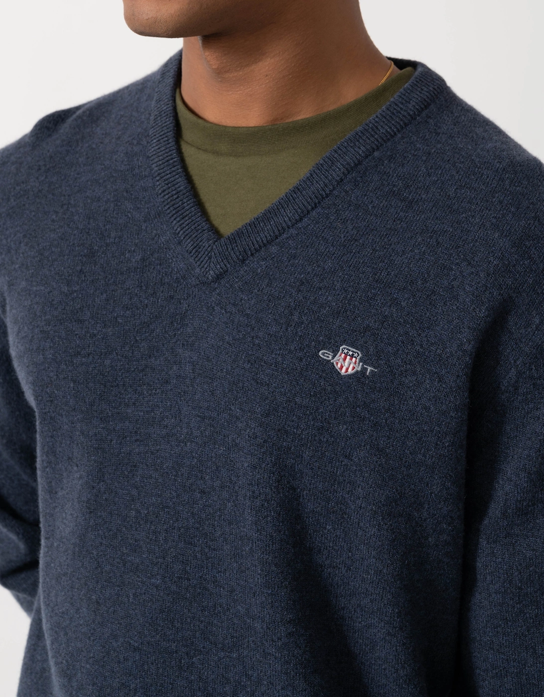 GANT Mens Superfine Lambswool V-Neck Sweater - 480 Dark Navy Melange