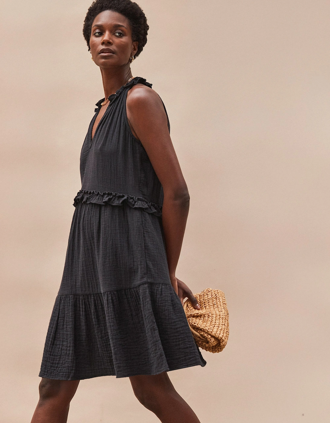 Black Frill-Detail Halterneck Cheesecloth Mini Dress
