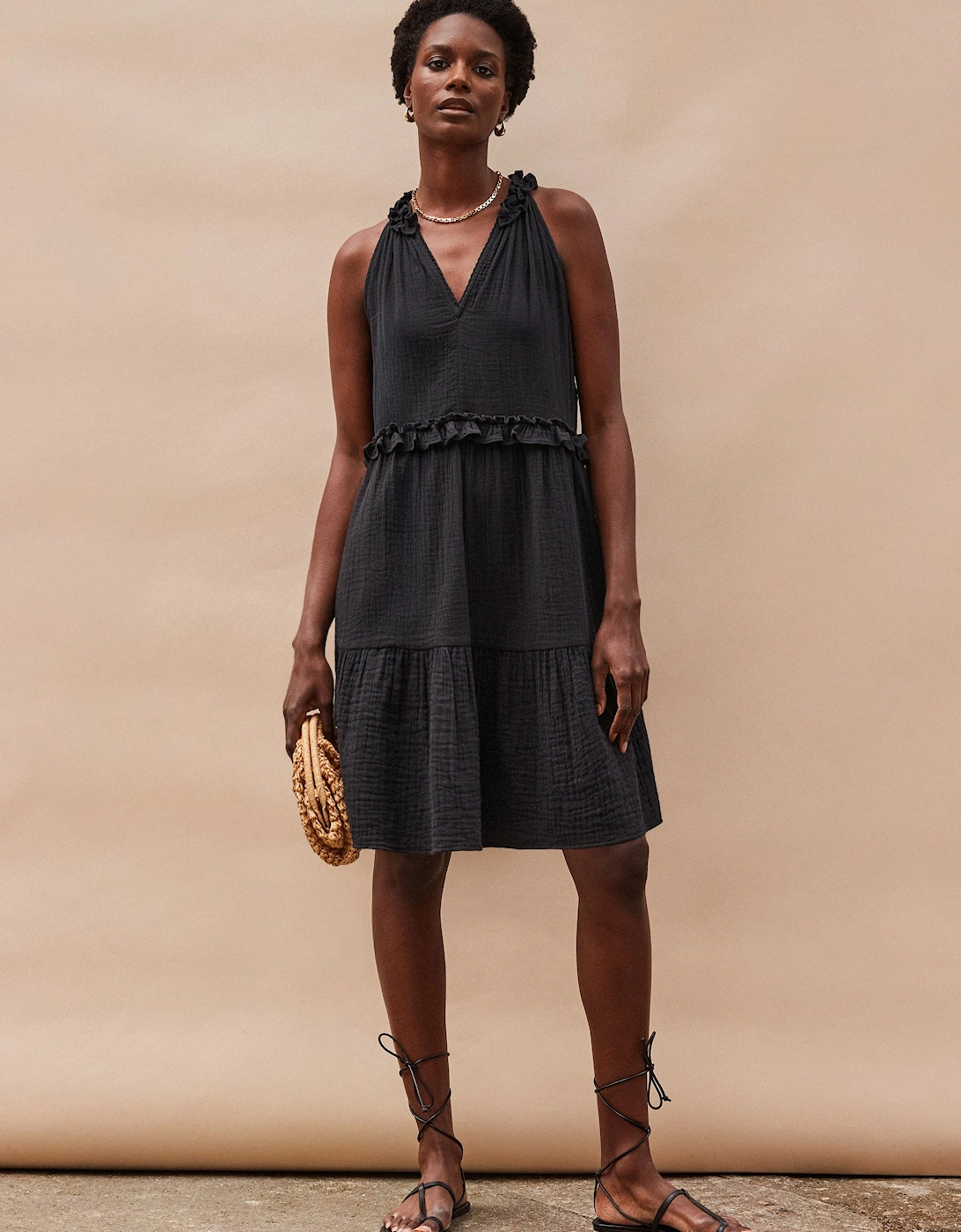 Black Frill-Detail Halterneck Cheesecloth Mini Dress