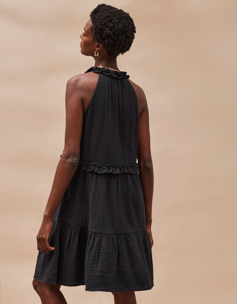 Black Frill-Detail Halterneck Cheesecloth Mini Dress