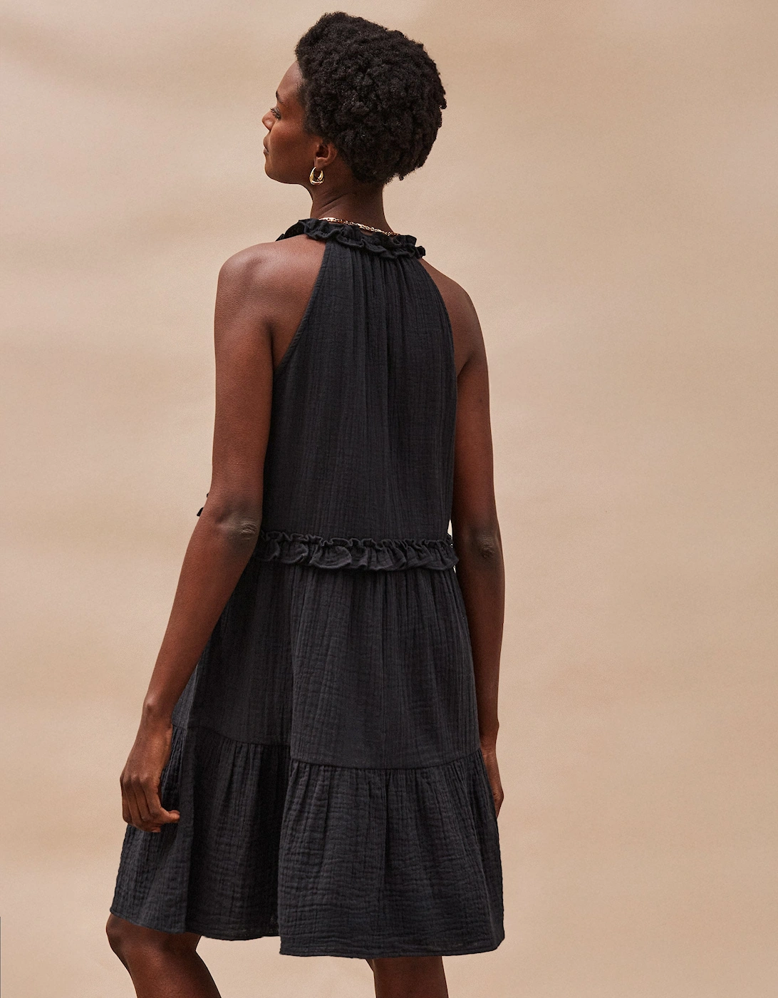 Black Frill-Detail Halterneck Cheesecloth Mini Dress