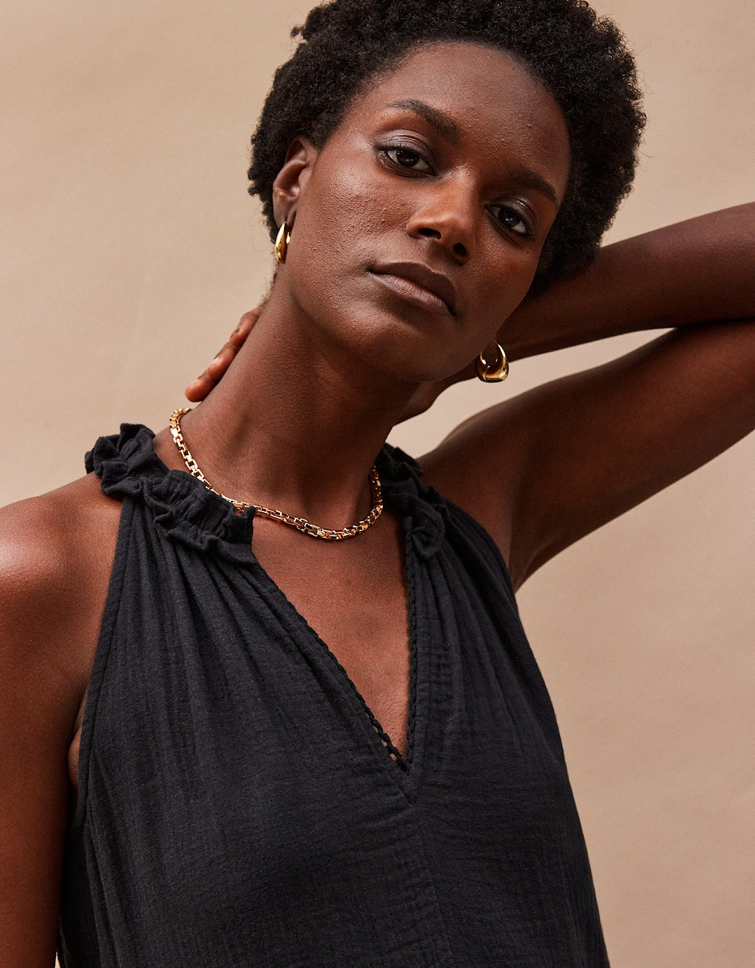 Black Frill-Detail Halterneck Cheesecloth Mini Dress