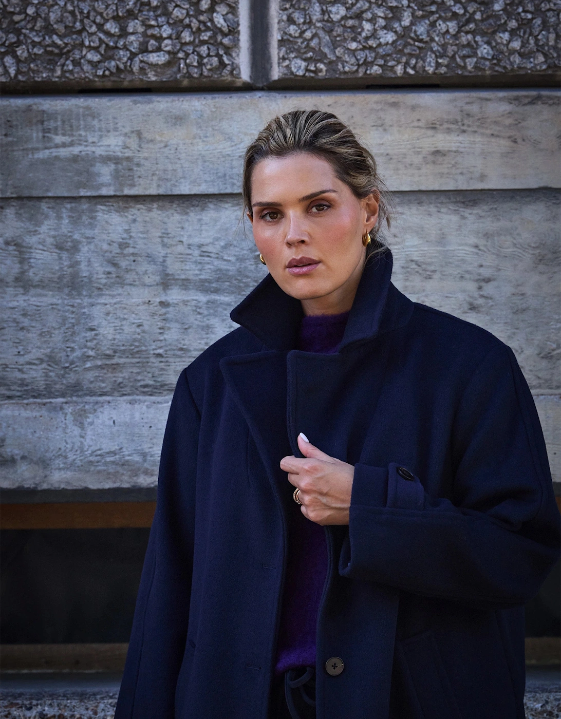 Navy Wool Blend Tailored Coat