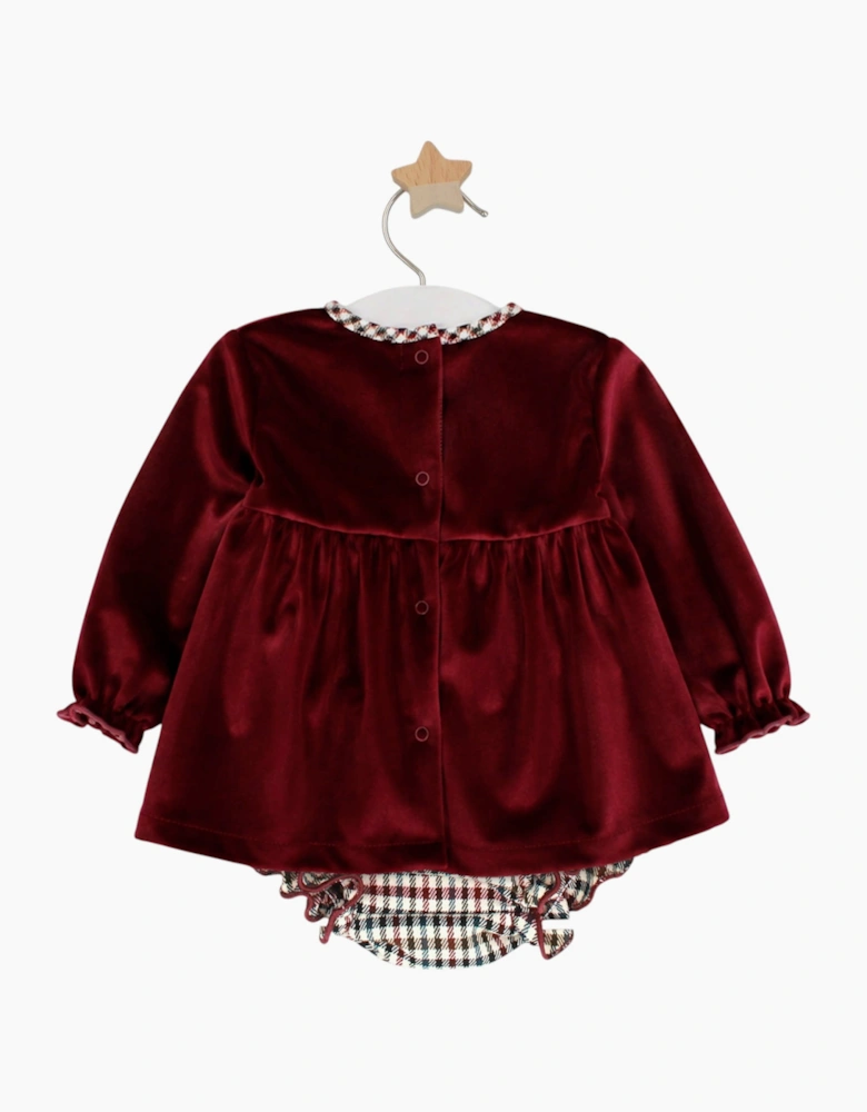 Girls Burgundy Velour Check Dress Set