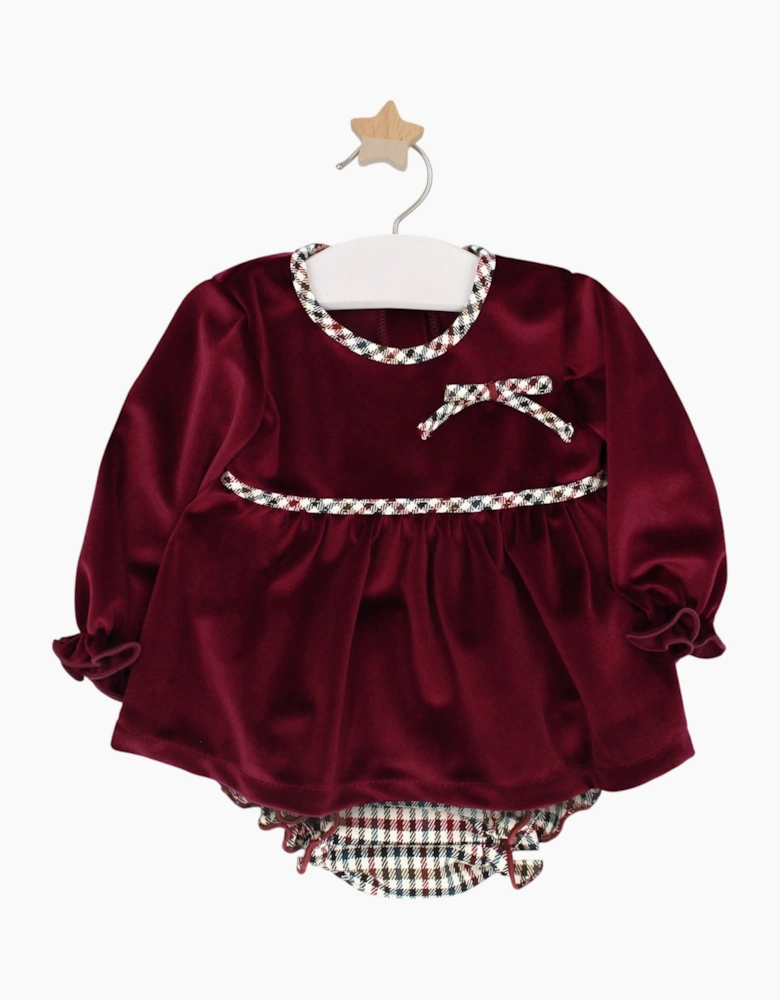 Girls Burgundy Velour Check Dress Set