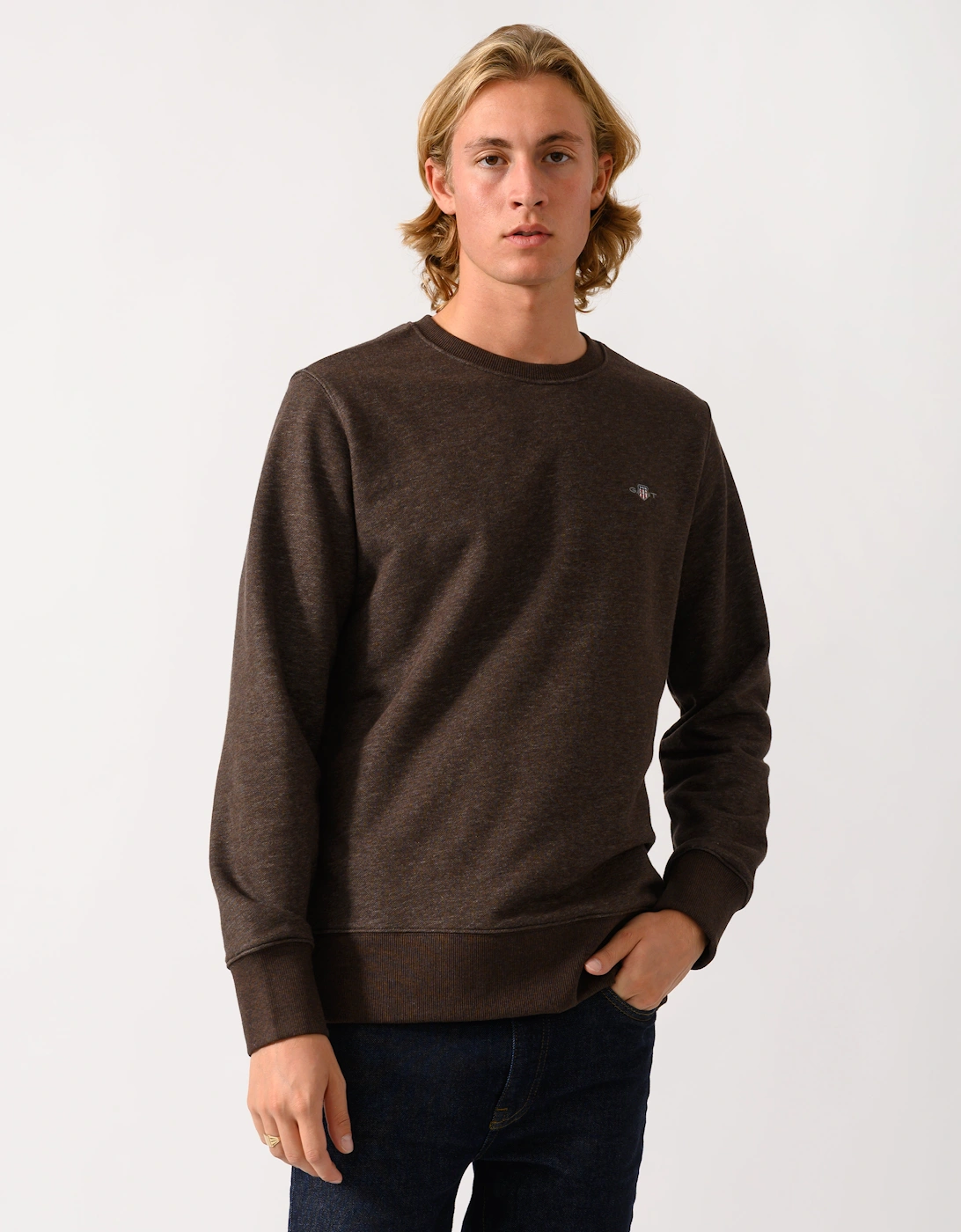 GANT Mens Regular Fit Shield Logo Crew Neck Sweatshirt - 284 Black Brown Melange