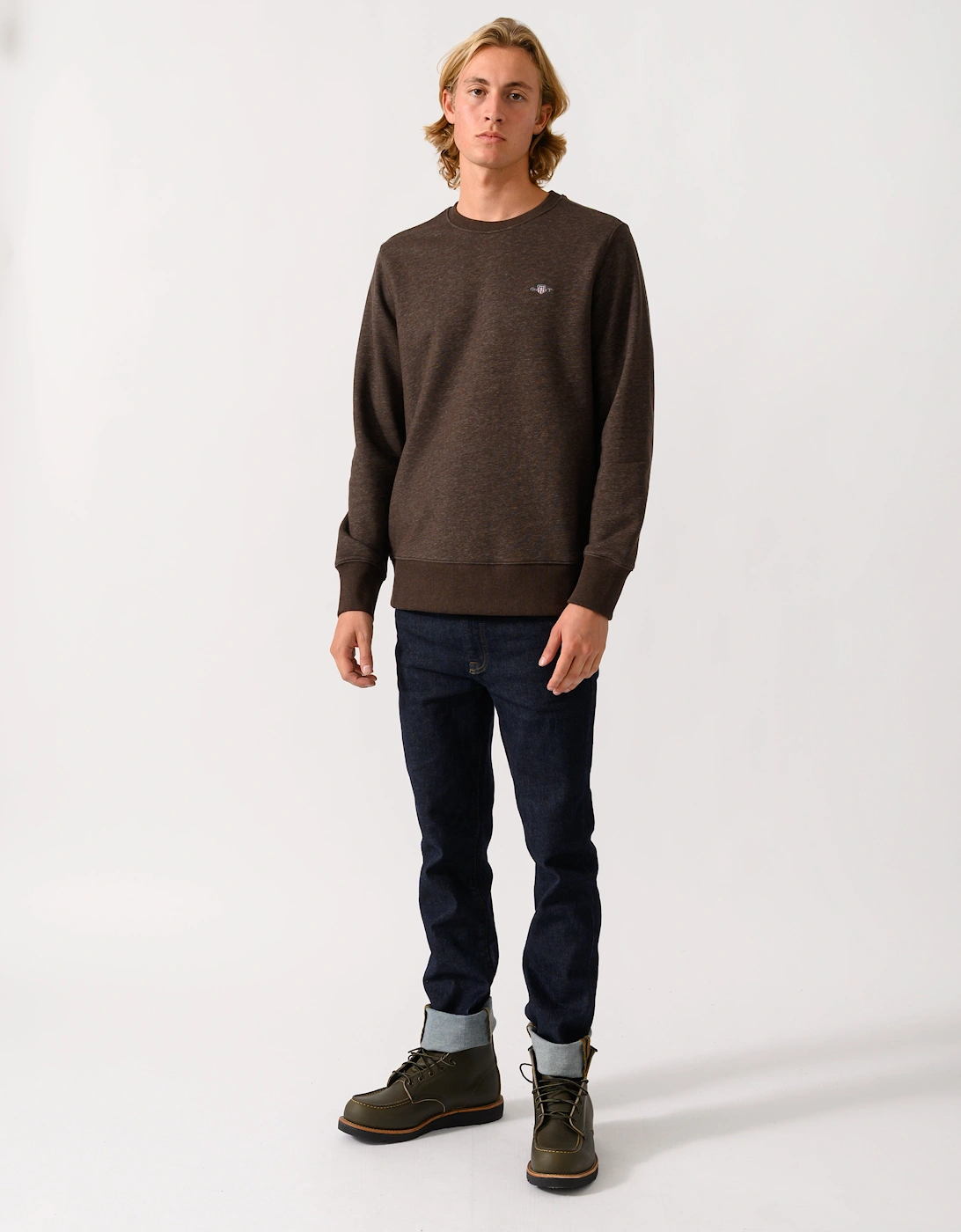 GANT Mens Regular Fit Shield Logo Crew Neck Sweatshirt - 284 Black Brown Melange