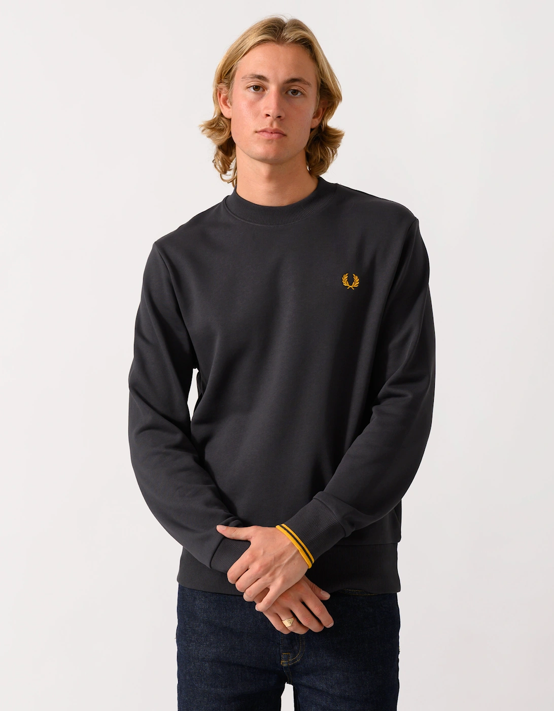 Men's Fred Perry Mens Crew Neck Sweatshirt - Anchor Grey/Golden 85C - Anchor Grey Golden - Size: XL