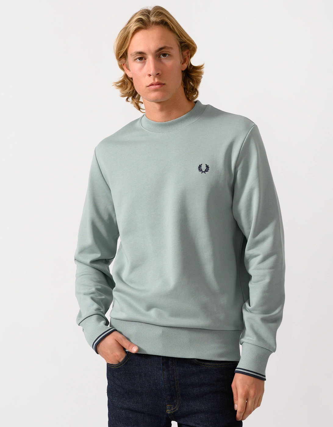 Men's Fred Perry Mens Crew Neck Sweatshirt - Silver Blue/Dark Airforce 71C - Silver Blue Dark Airforce - Size: L