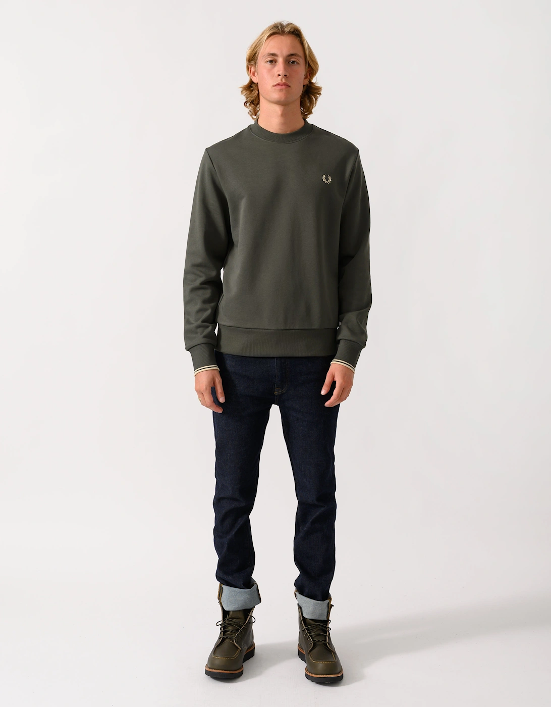 Fred Perry Mens Crew Neck Sweatshirt - Field Green/Oatmeal U98