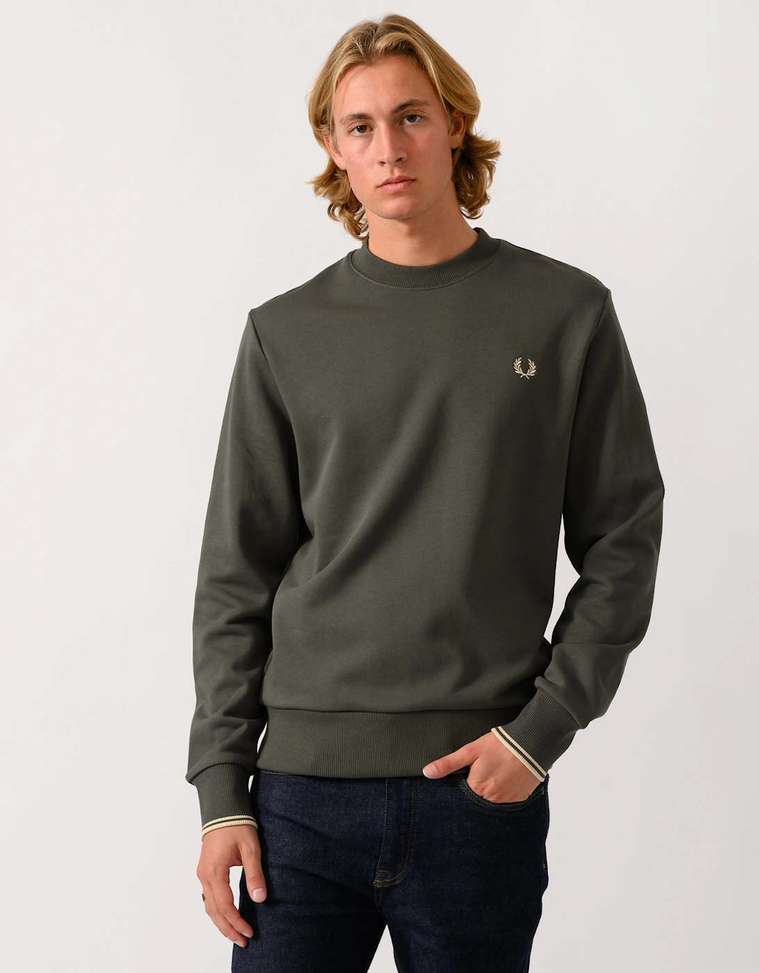 Men's Fred Perry Mens Crew Neck Sweatshirt - Field Green/Oatmeal U98 - Field Green Oatmeal - Size: L