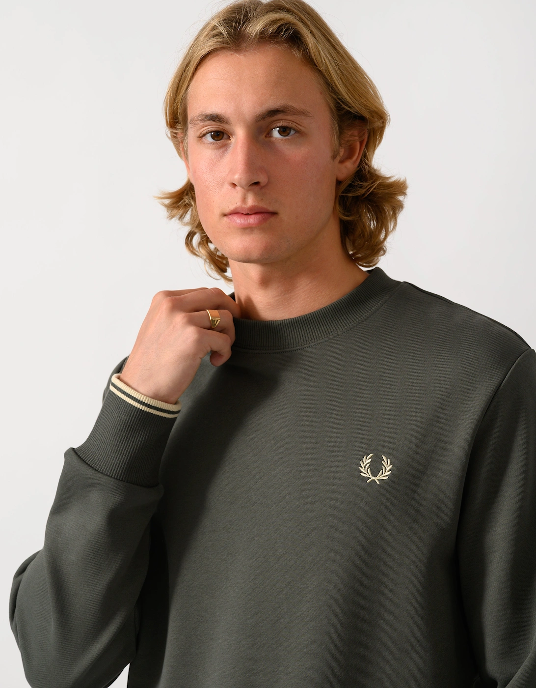 Fred Perry Mens Crew Neck Sweatshirt - Field Green/Oatmeal U98