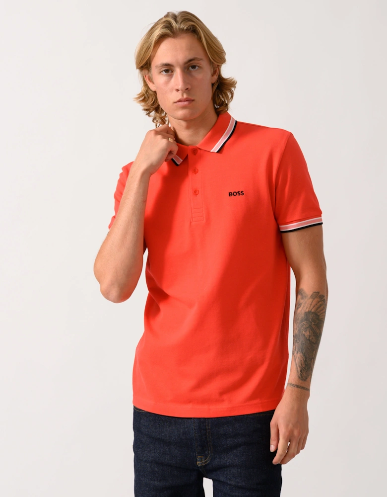 BOSS Green Paddy Mens Cotton-Piqué Polo Shirt with Contrast Logo - Bright Red 620