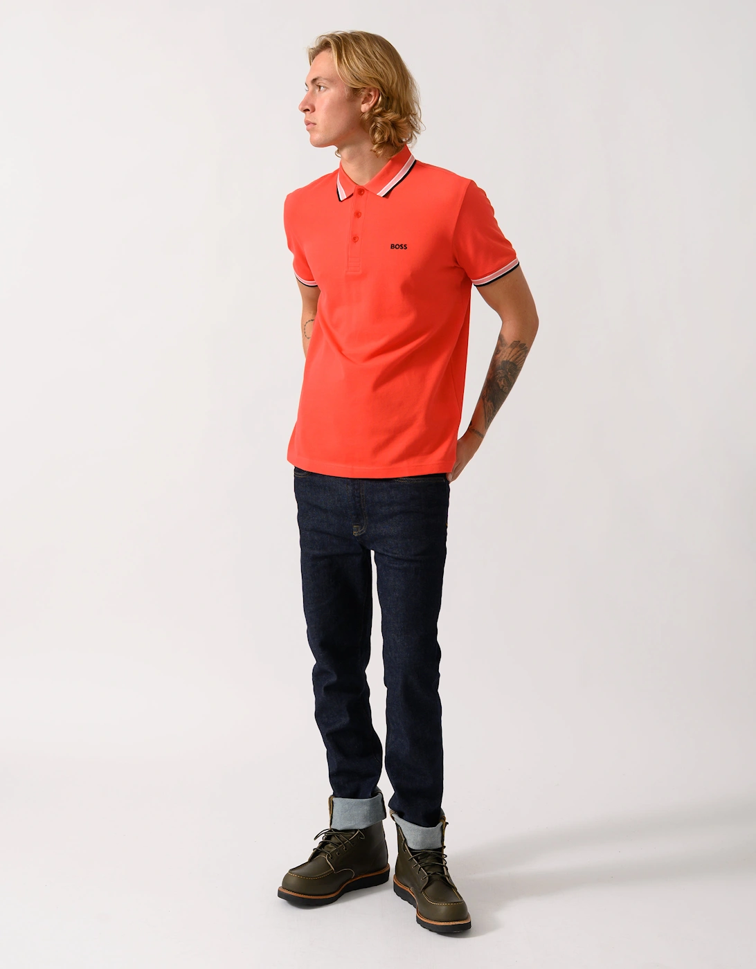 BOSS Green Paddy Mens Cotton-Piqué Polo Shirt with Contrast Logo - Bright Red 620