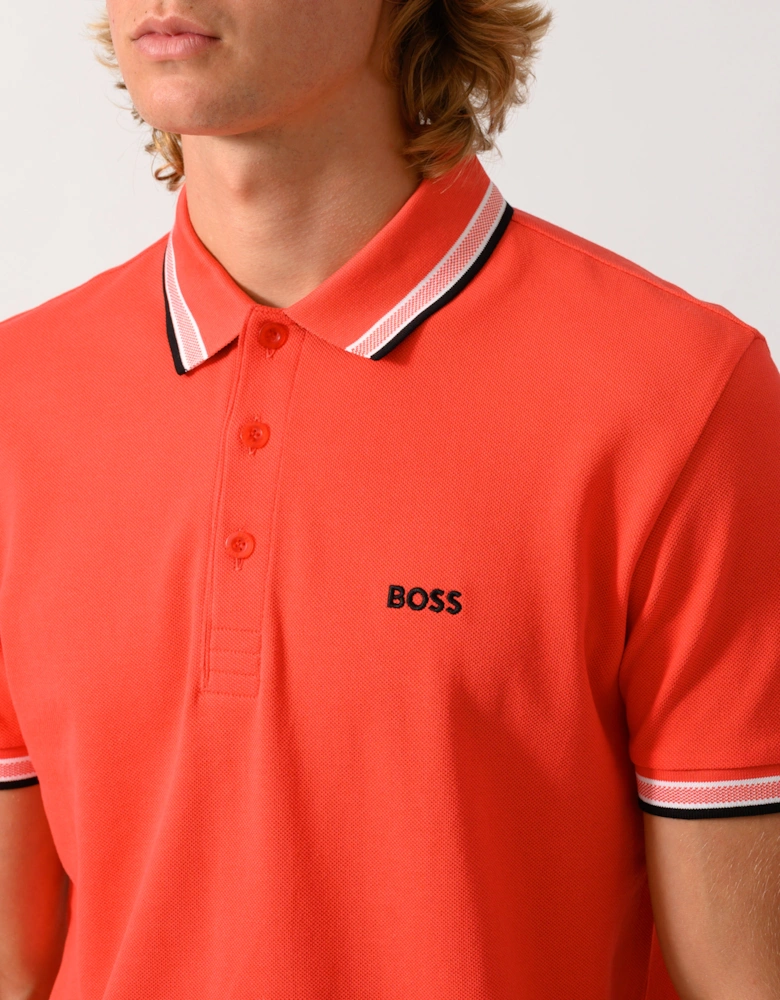 BOSS Green Paddy Mens Cotton-Piqué Polo Shirt with Contrast Logo - Bright Red 620
