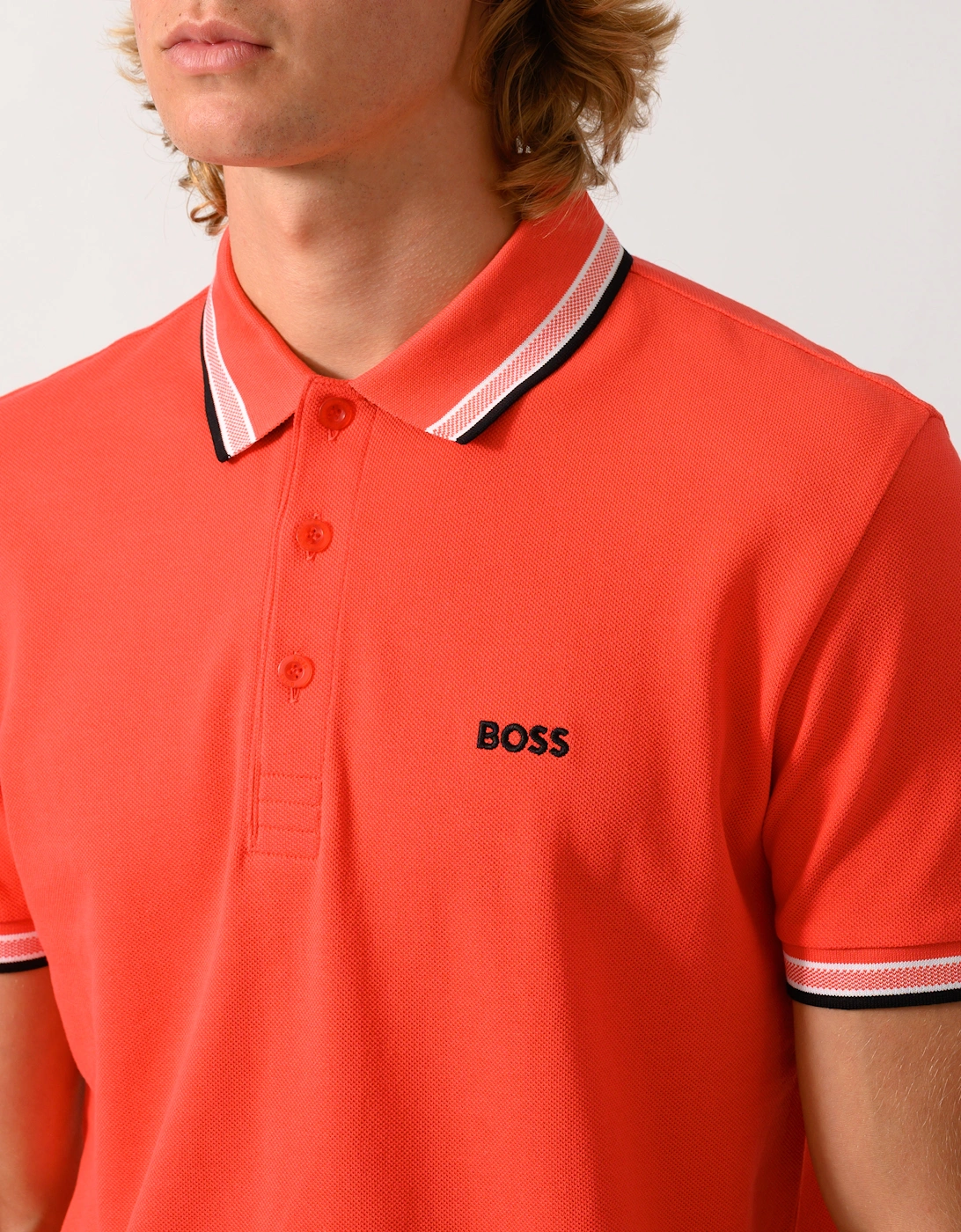 BOSS Green Paddy Mens Cotton-Piqué Polo Shirt with Contrast Logo - Bright Red 620