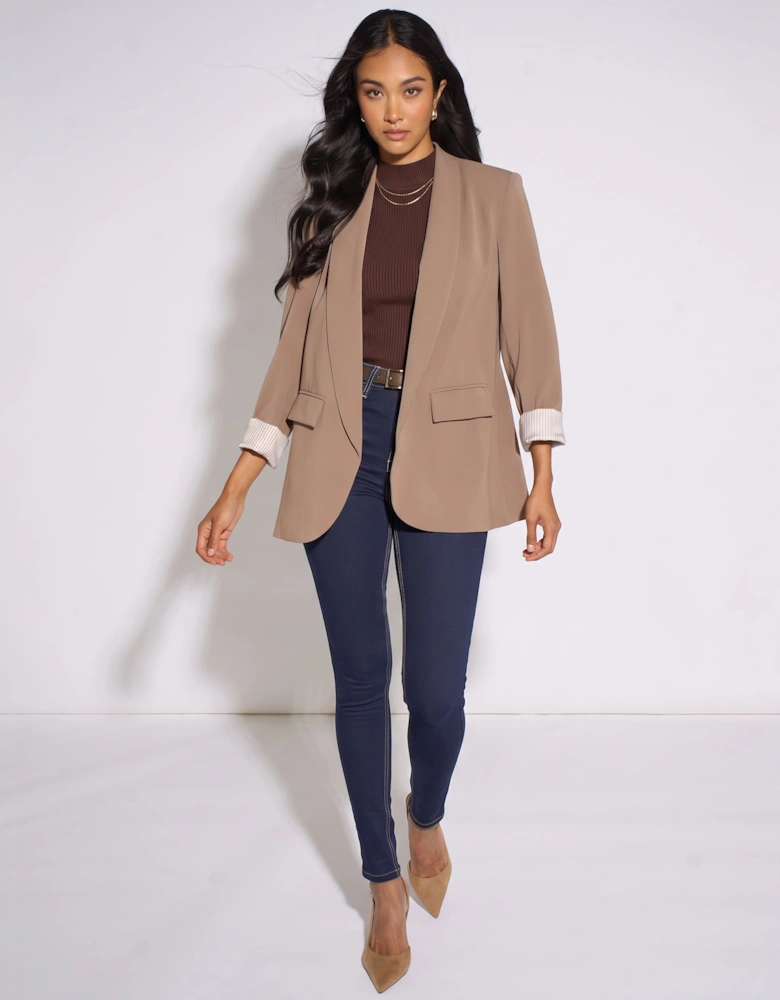 Mocha Contrast Sleeve Edge To Edge Blazer
