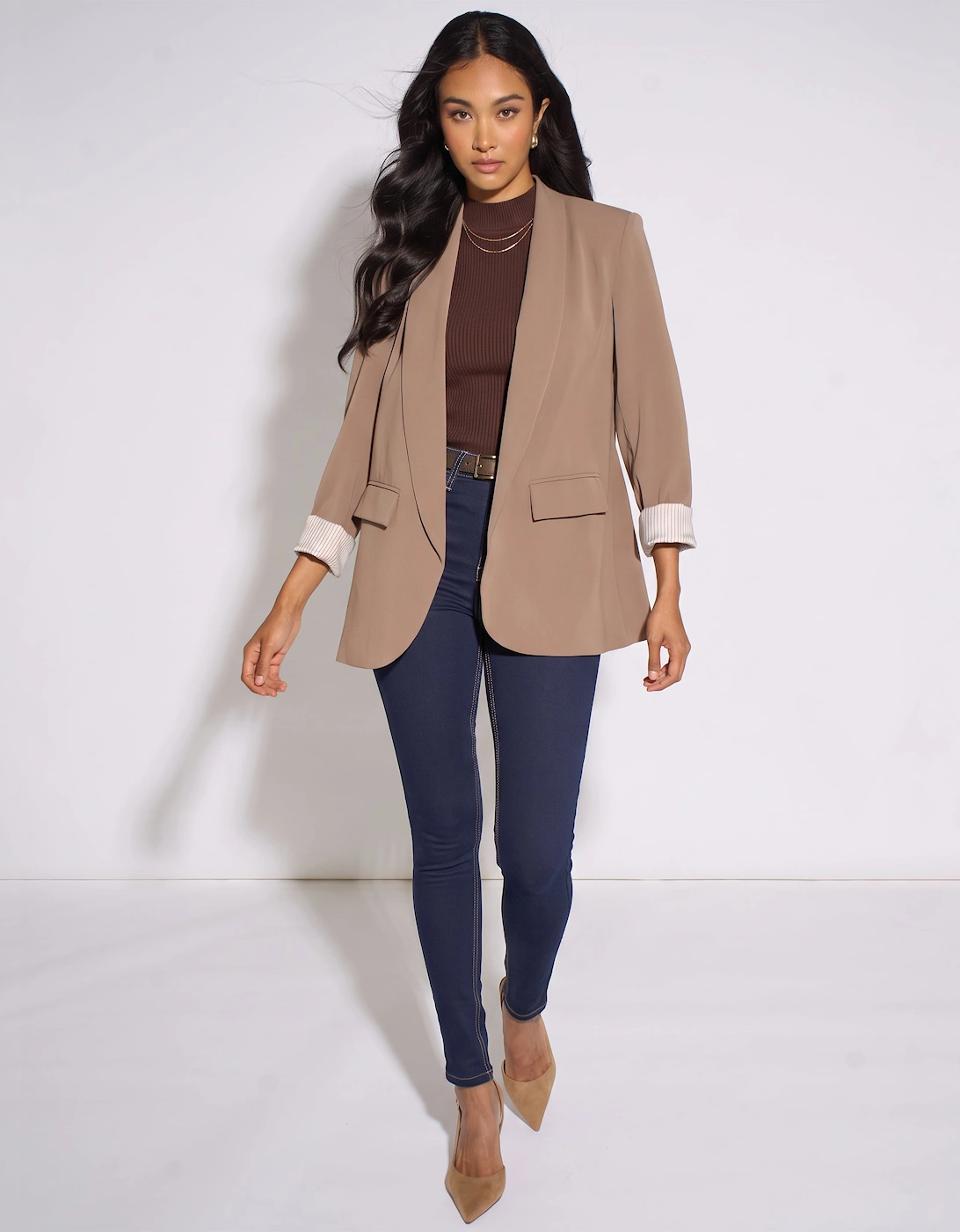 Mocha Contrast Sleeve Edge To Edge Blazer