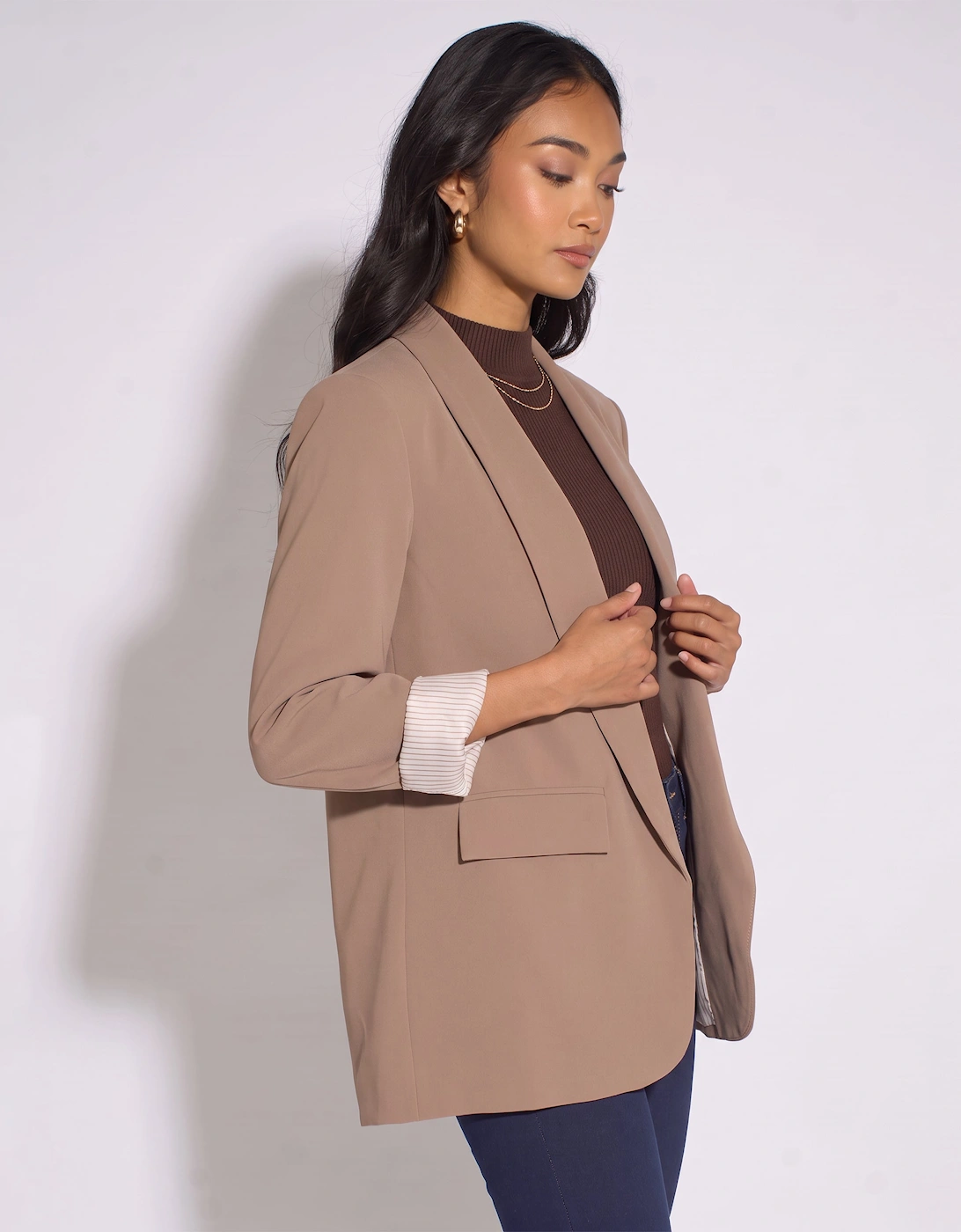 Mocha Contrast Sleeve Edge To Edge Blazer