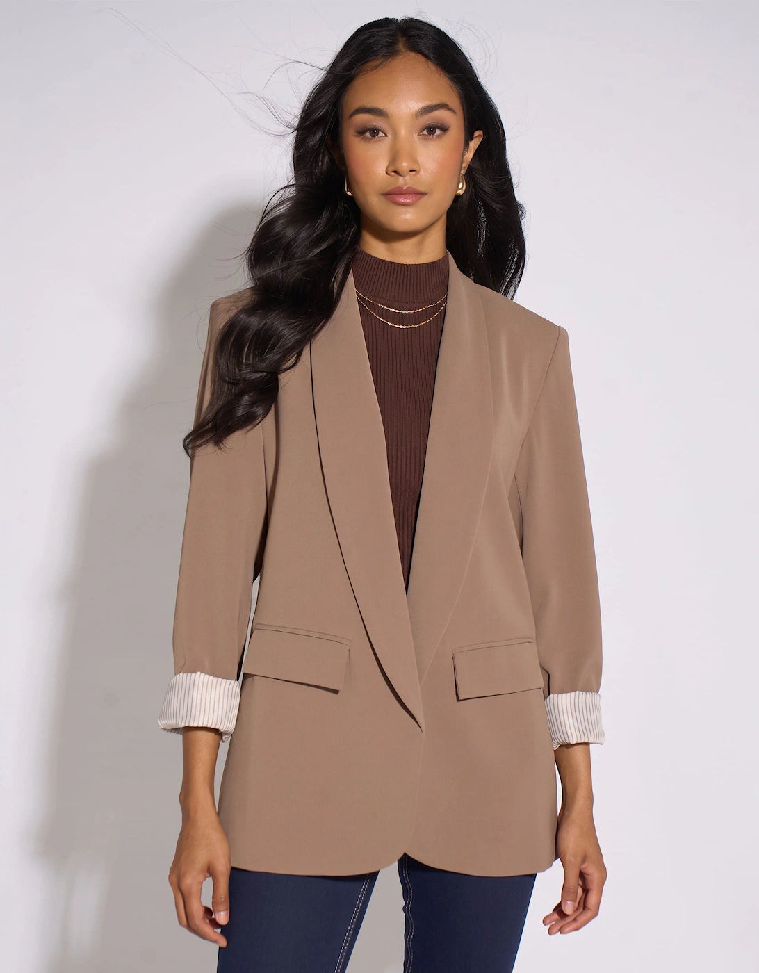 Mocha Contrast Sleeve Edge To Edge Blazer