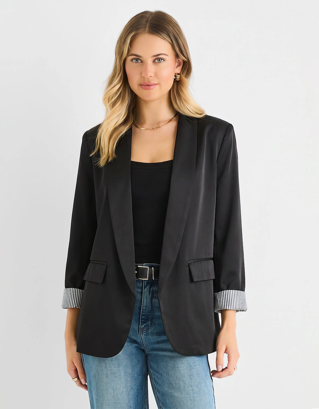 Black Contrast Sleeve Edge To Edge Blazer