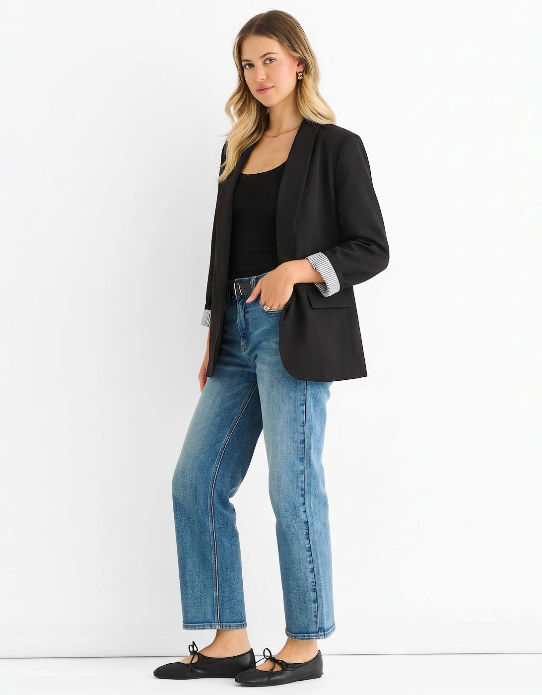 Black Contrast Sleeve Edge To Edge Blazer