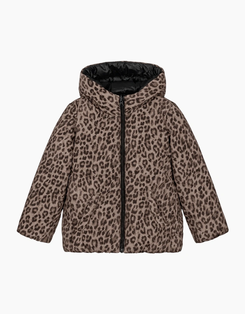 Girls Black Leopard Reversible Down Coat