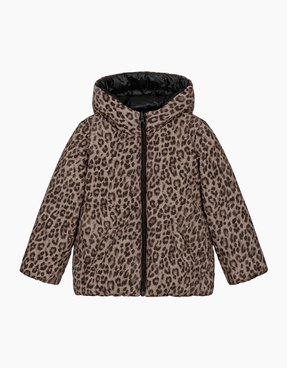 Girls Black Leopard Reversible Down Coat