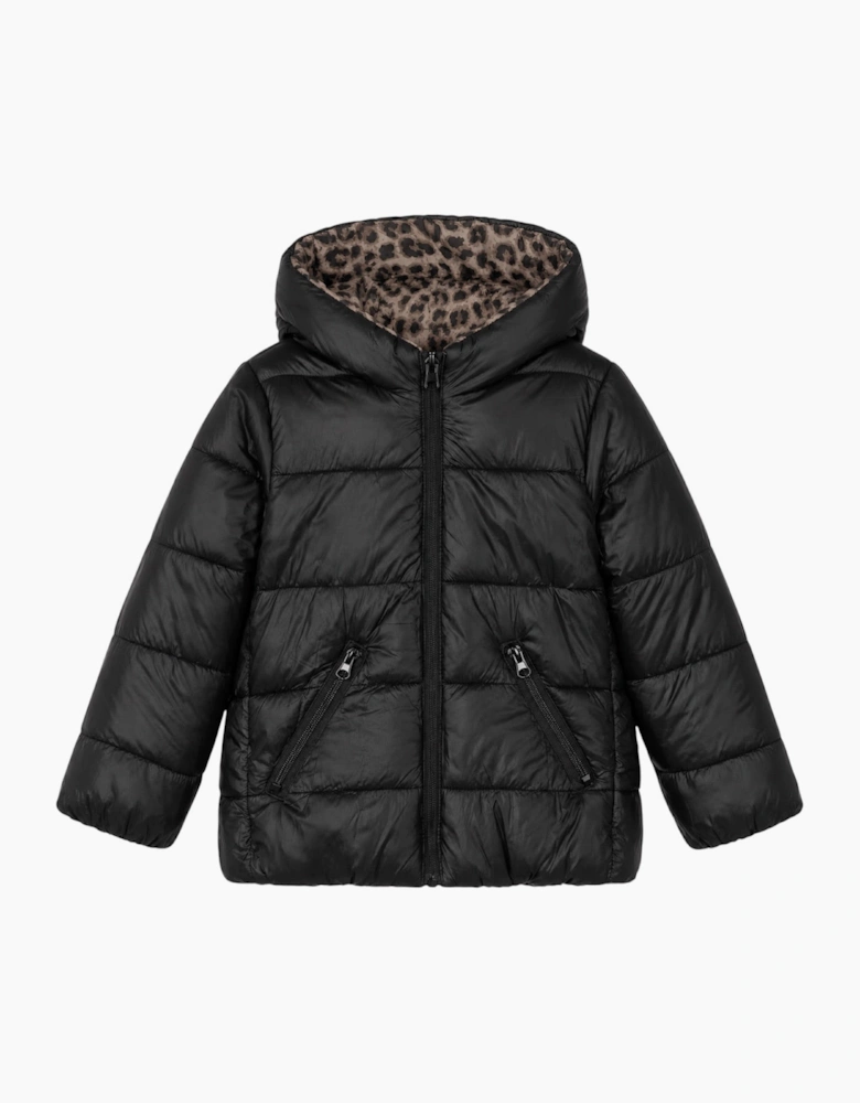 Girls Black Leopard Reversible Down Coat