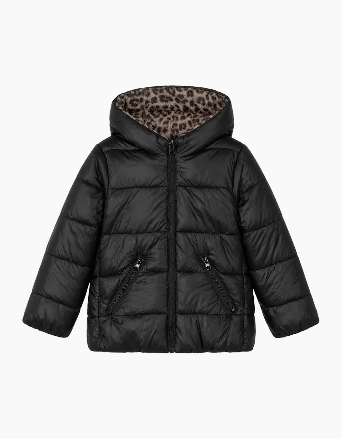 Girls Black Leopard Reversible Down Coat