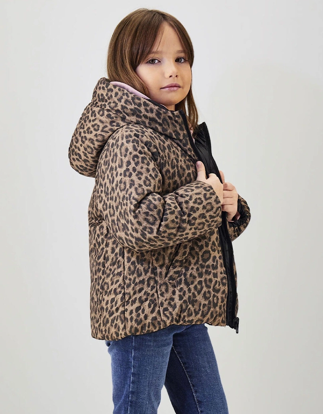 Girls Black Leopard Reversible Down Coat