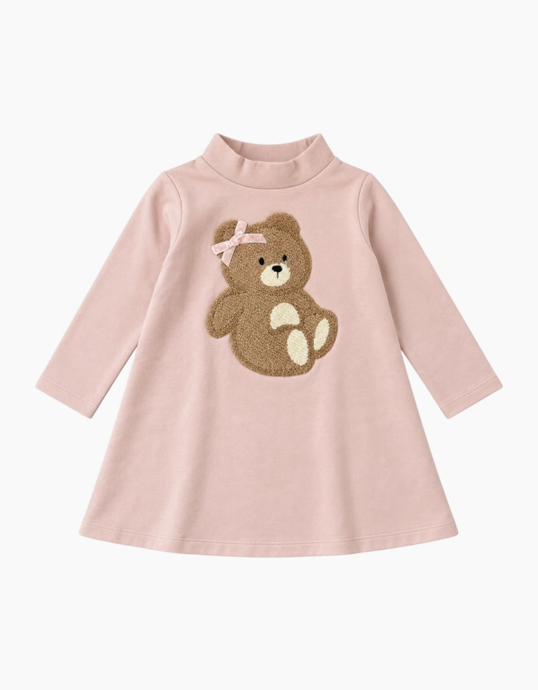 Girls Pink Raised Neck Teddy Bear Dress