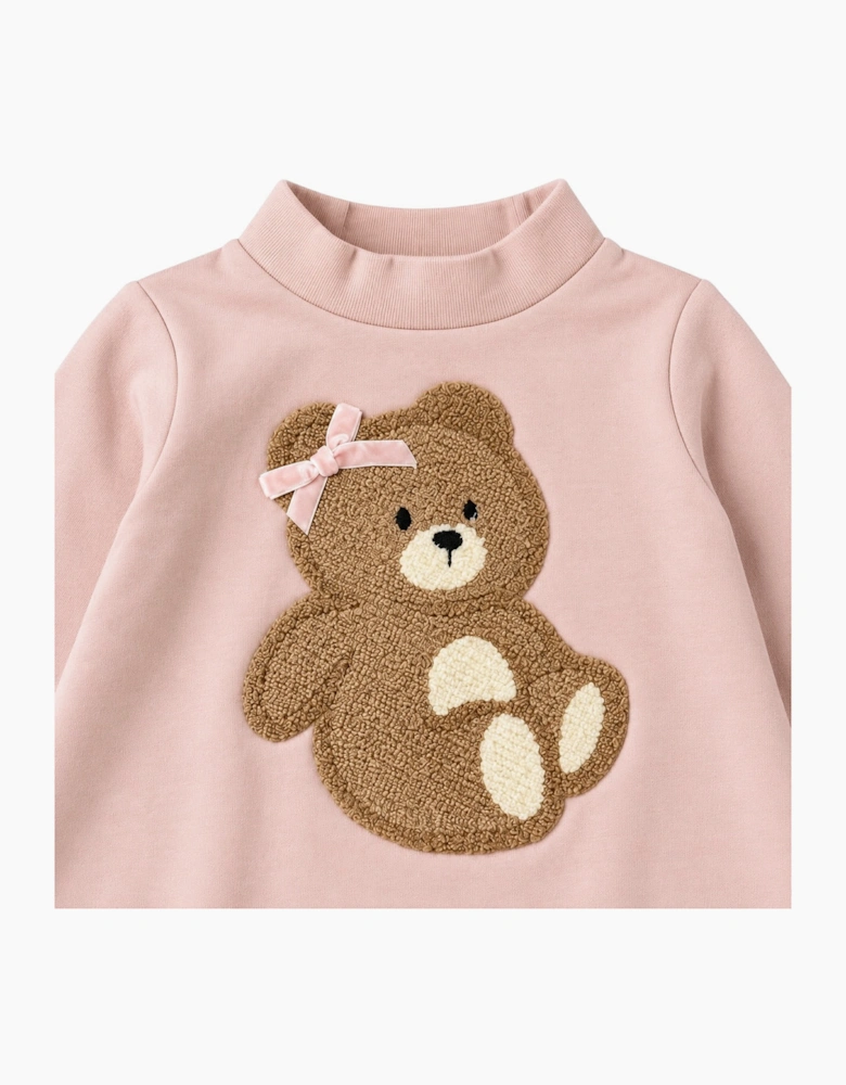 Girls Pink Raised Neck Teddy Bear Dress